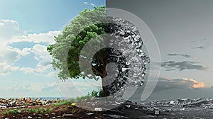 The photo is split in half. In the middle is a tree divided into two profiles of a human head. One half depicts a green