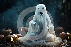 Photo of a spooky ghost surrounded by pumpkins in a haunting field on Halloween