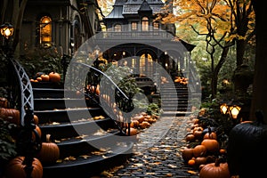 Photo of a spooky Halloween scene with pumpkins on a staircase. Mystic house