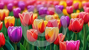 Photo Of Spring Summer Tulips Flower Background Banner Panorama Abstract Oil Acrylic Painting Of Colorful Tulip Fie. Generative AI