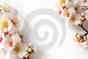 Photo of spring white almond blossom tree on white background. View from above