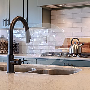 Photo Square Black faucet and double bowl kitchen island sink against cooktop and cabinets