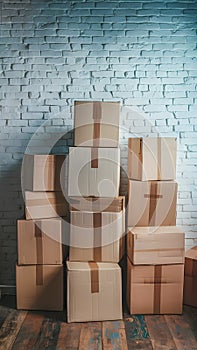 Photo Stack of cardboard boxes against white brick wall, logistic theme
