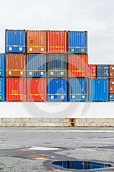 Stack of shipping containers in the harbor of Vigo