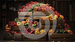 A Photo of a Stack of Wooden Crates Filled with Fresh Peppers