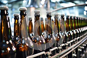 photo of sterilized beer bottles on a production line