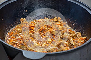 Photo of the stewed meat in cast iron