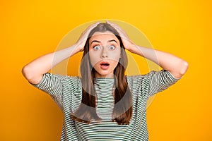 Photo of strange odd woman terrified by monkey at zoo jumping out of cage while isolated with yellow background