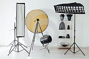 Photo studio accessories photographer flash white room