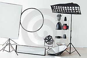 Photo studio accessories photographer flashes white background