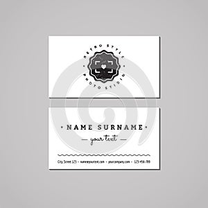 Photo studio business card design concept. Photo studio logo with heart and badge. Vintage, hipster and retro style.