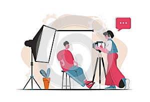 Photo studio concept isolated. Photographer makes photo session for posing man model. People scene in flat cartoon design. Vector