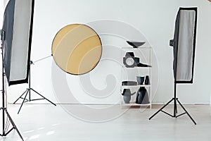 Photo studio equipment accessories photographer flashes on white background