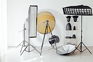 Photo studio equipment accessories photographer flashes on white background