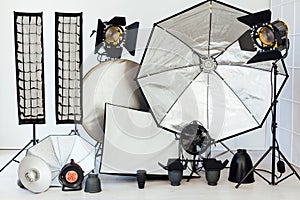 Photo studio equipment flash accessories photographer on a white background