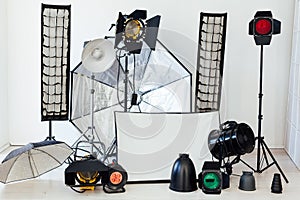 Photo studio equipment flash accessories photographer on a white background