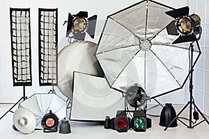 Photo studio equipment flash light accessories photographer on white background