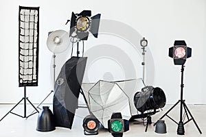 Photo studio equipment flash light accessories photographer on white background