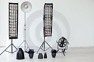 Photo studio equipment flash light accessories photographer on white background