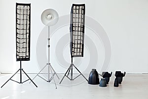 Photo studio equipment flash light accessories photographer on white background