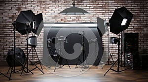 Photo studio equipment setup with cameras, tripods, lighting, softboxes, and backdrops