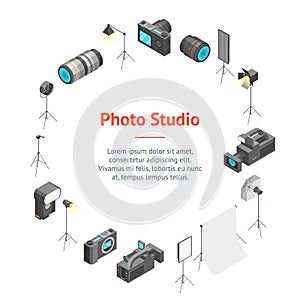 Photo Studio Equipment Signs 3d Banner Card Circle Isometric View. Vector