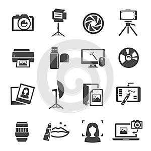 Photo studio icon set, professional photographic equipment