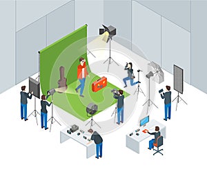 Photo Studio Interior with Operators Shooting Actor Isometric View. Vector