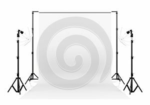 Photo studio lighting set up with white backdrop on white background