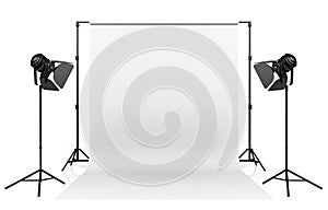 Photo studio lighting set up with white backdrop on white background