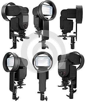 Photo studio lighting stands with flash and softbox isolated on the white