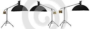 Photo studio lighting stands with flash and softbox isolated on the white.