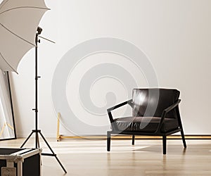 Photo studio with lightning equipment and white backgrond, 3d rendering.