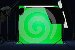Photo studio with mock up green screeb and soft box on tripod photo