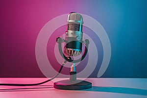 Photo Studio podcast microphone on gradient neon background, broadcasting equipment photo