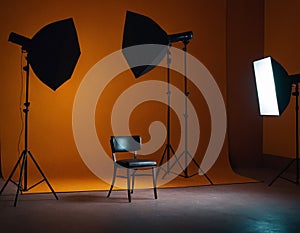 Photo studio set up, complete with background and lighting