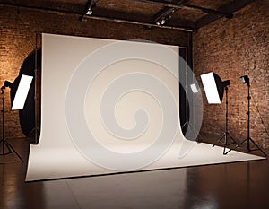 Photo studio set up, complete with background and lighting