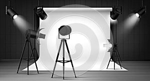 Photo studio with white background and spotlights