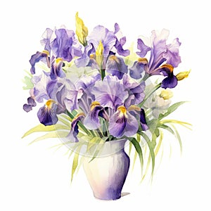 Colorful Watercolor Illustration Of Iris Flowers In A White Vase photo