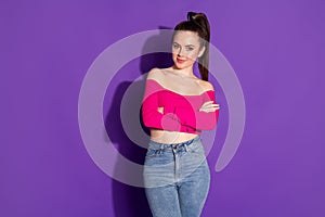 Photo of stunning magnificent girl cross hands wear bright clothes isolated over purple color background