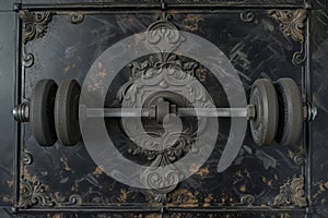 A photo of a sturdy metal door featuring a secure lock and a durable metal handle, An intricate design of an antique, iron