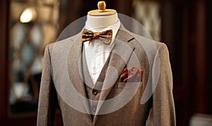 Photo of a stylish man wearing a brown suit and a vibrant red bow tie