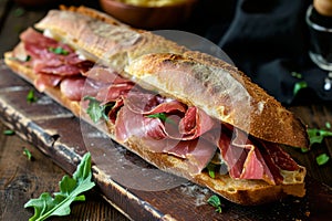 A photo of a sub sandwich featuring layers of meat and cheese placed on a cutting board, Baguette sandwich with thin slices of