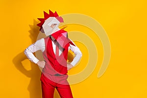 Photo of successful cocky guy hands hips look camera wear rooster mask red suit isolated yellow color background