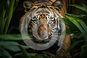 Photo Sumatran tiger in closeup, stalking prey with jungle ambiance