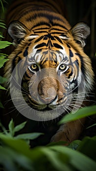 Photo Sumatran tiger in closeup, stalking prey with jungle ambiance