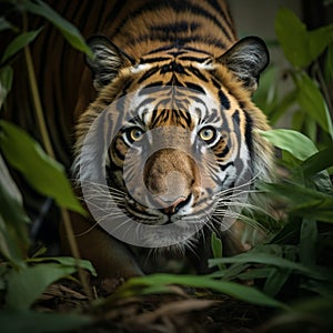 Photo Sumatran tiger in closeup, stalking prey with jungle ambiance