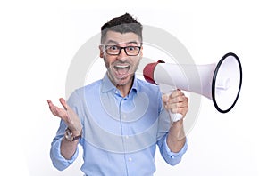 photo of surprised man announcer with megaphone. man announcer with megaphone