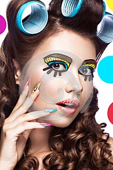 Photo of surprised young woman with professional comic pop art make-up and design manicure. Creative beauty style.