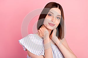 Photo of sweet brunette young lady hand neck wear white blouse  on pink color background